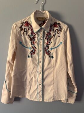 Scully Womens Pearl Snap Blouse Horse Embroidery Cream/Colorful Small